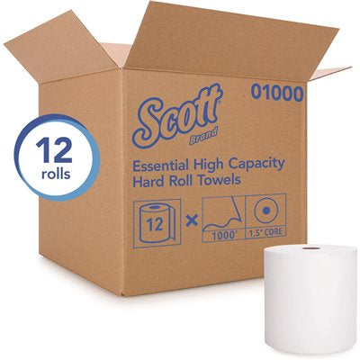 SCOTT ROLL TOWEL 8X1000 12/cs - Scott® High-Capacity Hard Roll Towel, 8 x 1000ft, White, (12 Rolls/Carton)