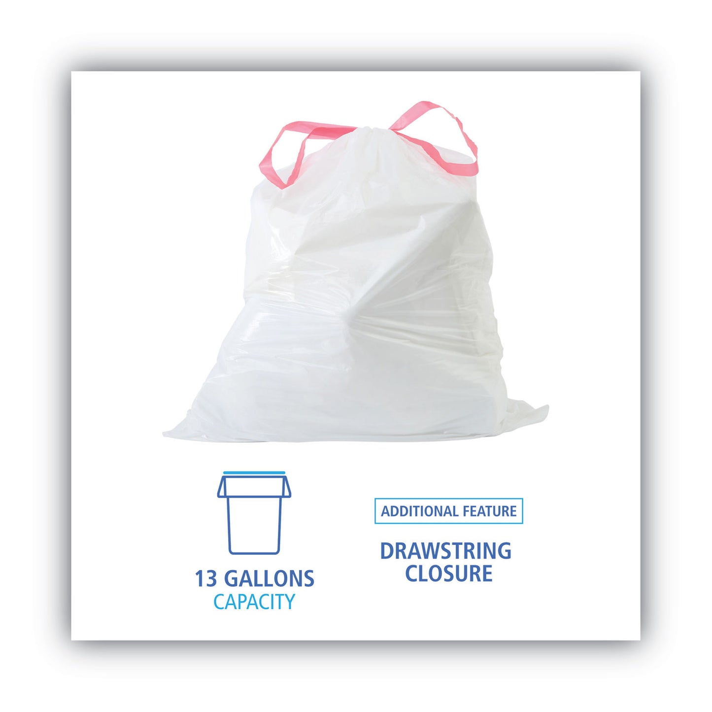 Bag, Drwstrng, Ktchn, 13g, Wh - Boardwalk Drawstring Kitchen Bags, 13 gal, 0.8 mil, White, (50 Bags/Roll, 2 Rolls/Carton)