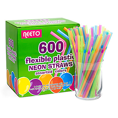Flexible Plastic Neon Straws, . - Multicolor / Neeto Flexible Plastic Neon Straws, Assorted Colors (Pack Of 500 Straws)