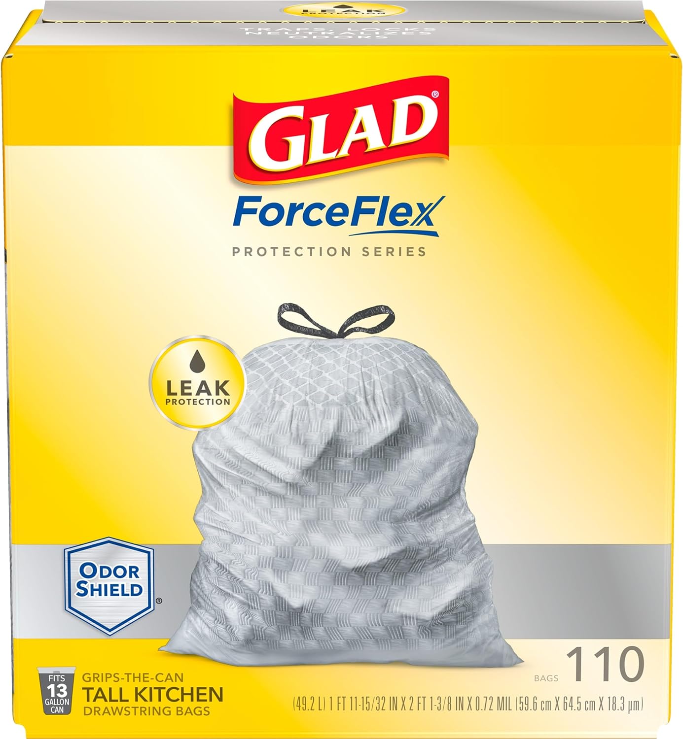 GLAD13 GAL WHITE (150/CS) - Glad ForceFlex, Tall Kitchen Drawstring Trash Bags, 13 Gal