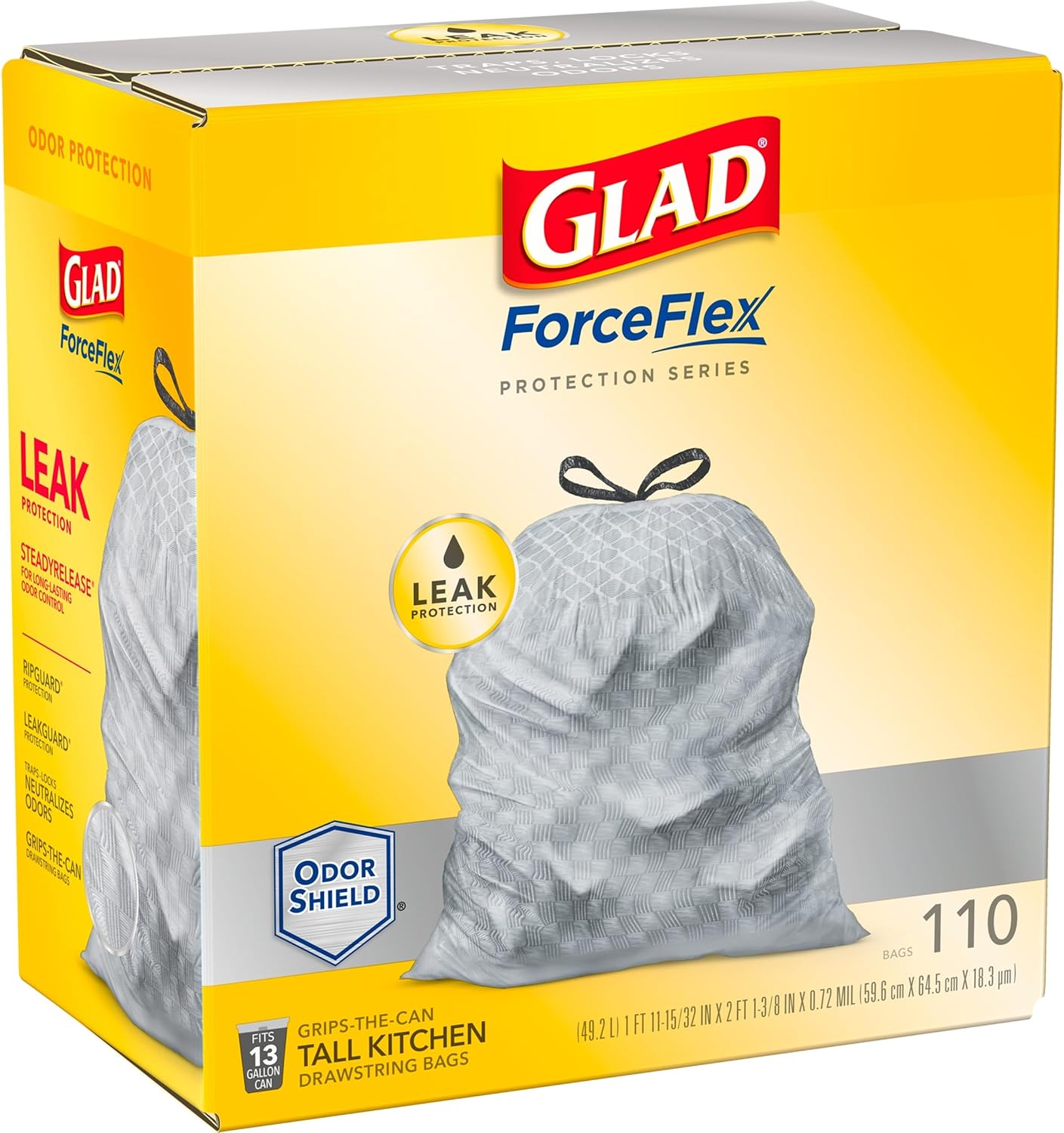GLAD13 GAL WHITE (150/CS) - Glad ForceFlex, Tall Kitchen Drawstring Trash Bags, 13 Gal