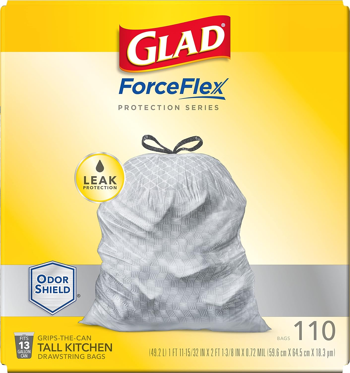 GLAD13 GAL WHITE (150/CS) - Glad ForceFlex, Tall Kitchen Drawstring Trash Bags, 13 Gal