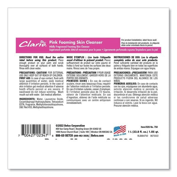 BETCO HAND SOAP FOAM PINK (6/Case) - BETCO Clario Pink Foaming Skin Cleanser, Fresh, Refill Bag, 6PK/Case