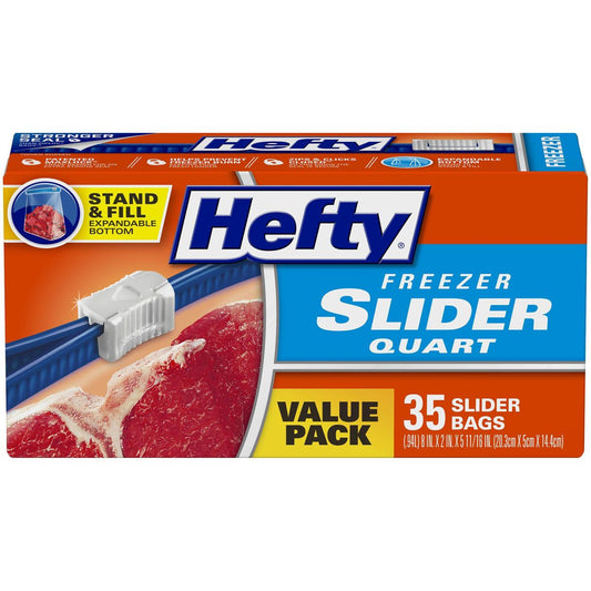 Slider Bags, 1 Qt, 2.5 mil 35 - Hefty Freezer Slider Quart, Storage Slider Bags 1Qt. / (35Bags/Case)