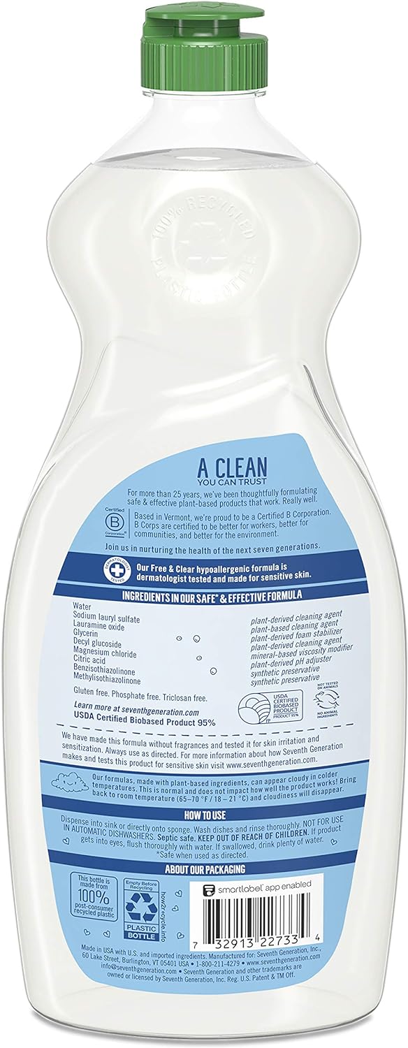 Natural Dishwashing Liquid - Seventh Generation Free & Clear, Dish Liquid Soap, Powered by Plants, (25 oz)