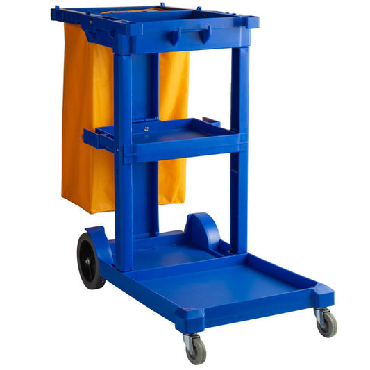 JANITOR CART WITH BAG - Lavex Blue 3-Shelf Janitor Cart with Yellow Vinyl Bag