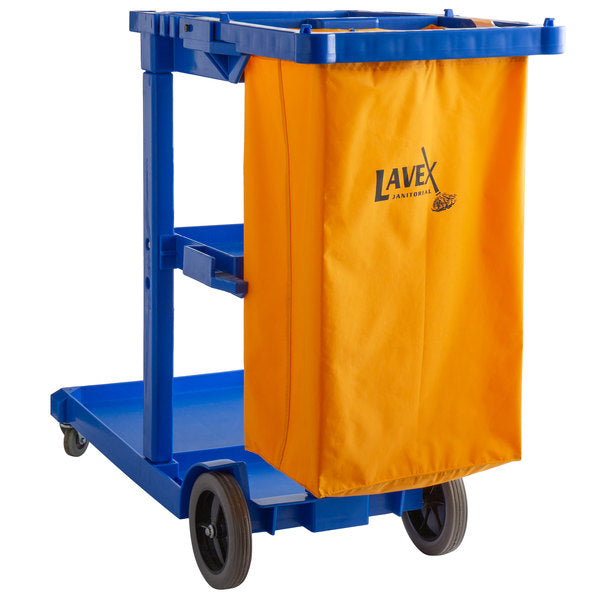 JANITOR CART WITH BAG - Lavex Blue 3-Shelf Janitor Cart with Yellow Vinyl Bag