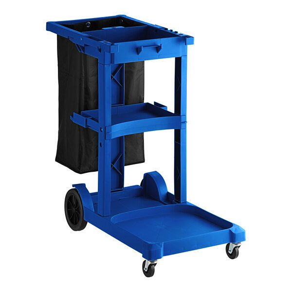 JANITOR CART WITH BAG - Lavex Blue 3-Shelf Janitor Cart with Yellow Vinyl Bag
