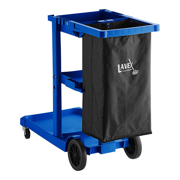 JANITOR CART WITH BAG - Lavex Blue 3-Shelf Janitor Cart with Yellow Vinyl Bag