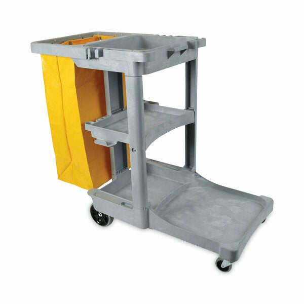 JANITOR CART BWK - Boardwalk Janitor's Cart, Plastic, Three-Shelf, 1 Bin, 22" x 44" x 38", Gray