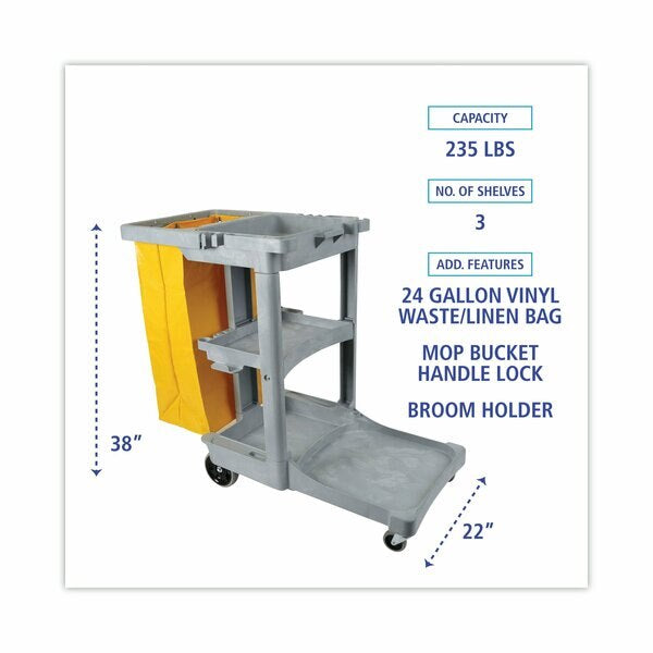 JANITOR CART BWK - Boardwalk Janitor's Cart, Plastic, Three-Shelf, 1 Bin, 22" x 44" x 38", Gray